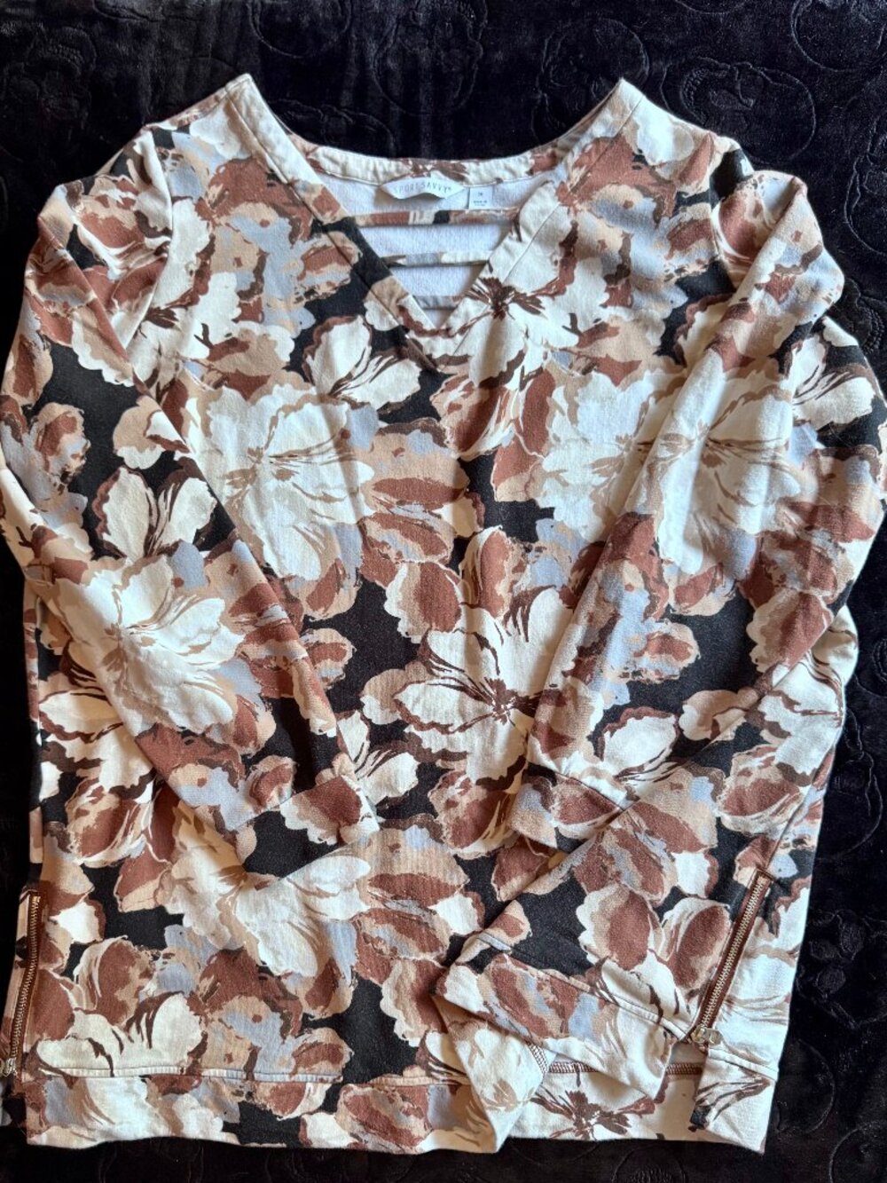 Sport Savvy Floral Sweatshirt 1X Neutral Boho Top Zip Detail Sleeve
